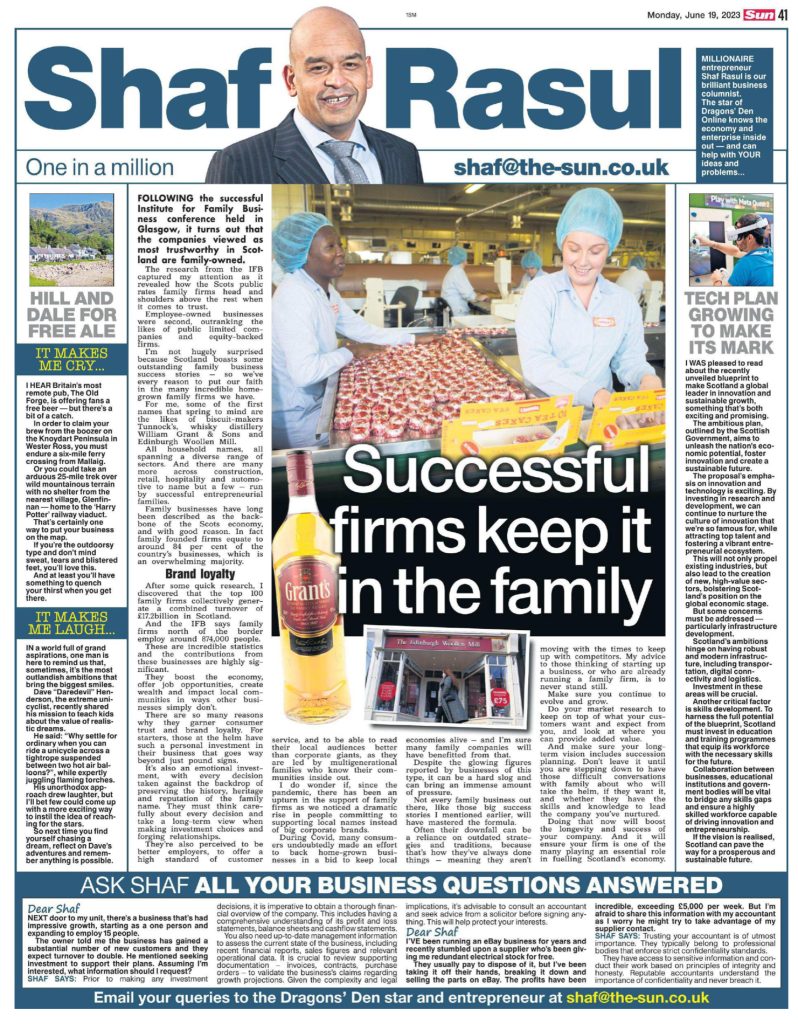A full-page newspaper column discussing the success and resilience of Scottish family businesses, new government innovation plans, a comedic unicyclist, and a beer reward at Britain’s remotest pub.