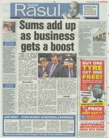 A newspaper scan featuring Shaf Rasul’s column titled “Sums Add Up as Business Gets a Boost” with sections on the UK budget, small business, and the impact on the economy.