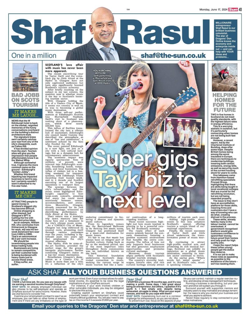 Newspaper column layout with main feature on Scotland’s growing music tourism sector, a side piece on retrofitting and construction training, a laugh at Edinburgh hotel’s architectural nickname, and a weep on SPT fare hikes.