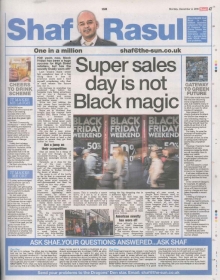 A newspaper column layout featuring the headline “Super sales day is not black magic,” with sections on Black Friday’s evolution, sustainable transport choices, self-service alcohol in offices, and rising Christmas dinner costs.