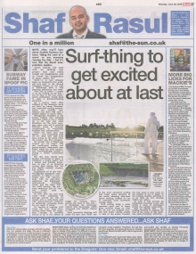 Scan of Shaf Rasul’s column highlighting the upcoming Wavegarden Scotland surf park in Edinburgh, Mackie’s electric ice cream van, and local business stories.