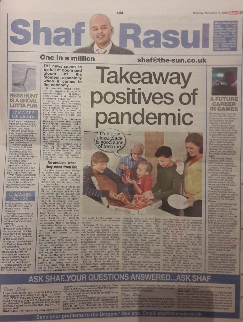 Full-page newspaper column layout including a feature on lockdown entrepreneurship, a sidebar on Scotland’s gaming and tech sector, a light-hearted Nessie update, and concern over alcohol consumption.