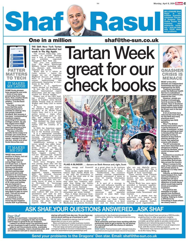 Print column layout featuring commentary on Tartan Week’s trade impact, NHS dental access, Scottish vocabulary in AI, and wage rises' impact on small retailers.