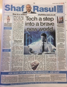 A newspaper page featuring the main column on Scotland’s digital economy prospects, side notes on tourism trends, humorous reflections on New Year’s resolutions, and a serious piece on ongoing M8 roadworks.