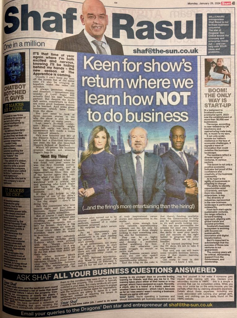 Newspaper column with a focus on business lessons from The Apprentice, Scottish startup stats, AI chatbot misfire at DPD, and rising energy bill concerns