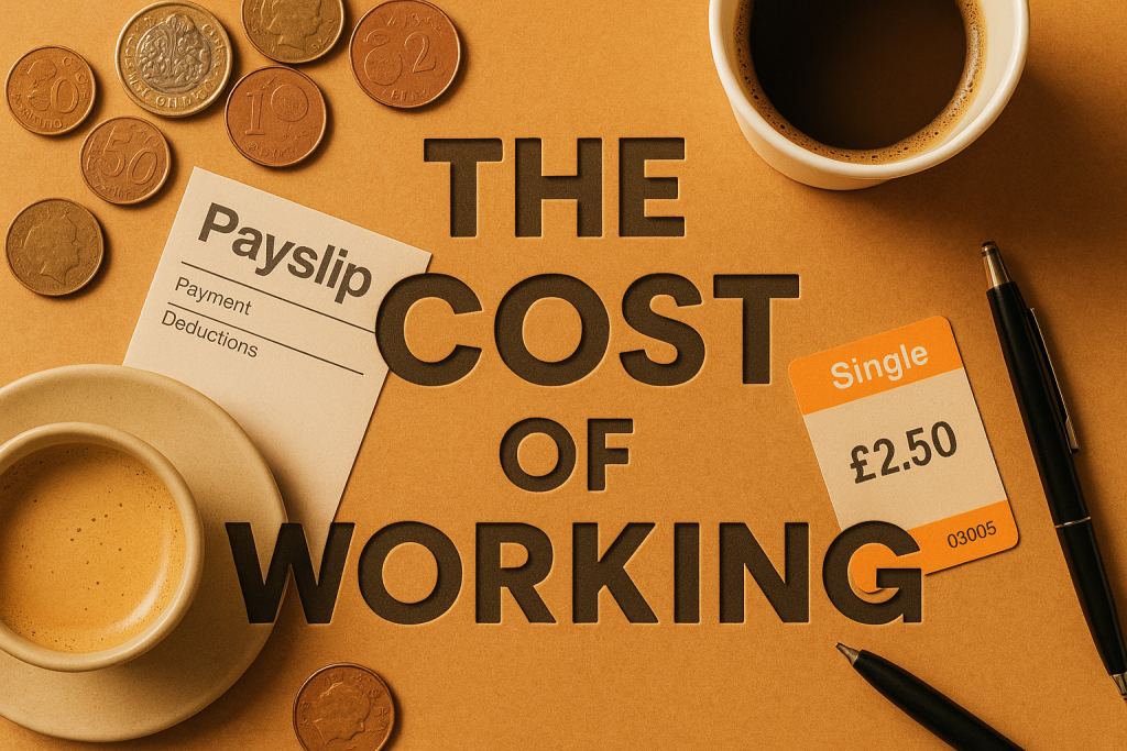 A generated image with the headline “The Cost of Working” embossed over visuals of coins, pay slips, and everyday workplace items like coffee cups, pens, and bus tickets.