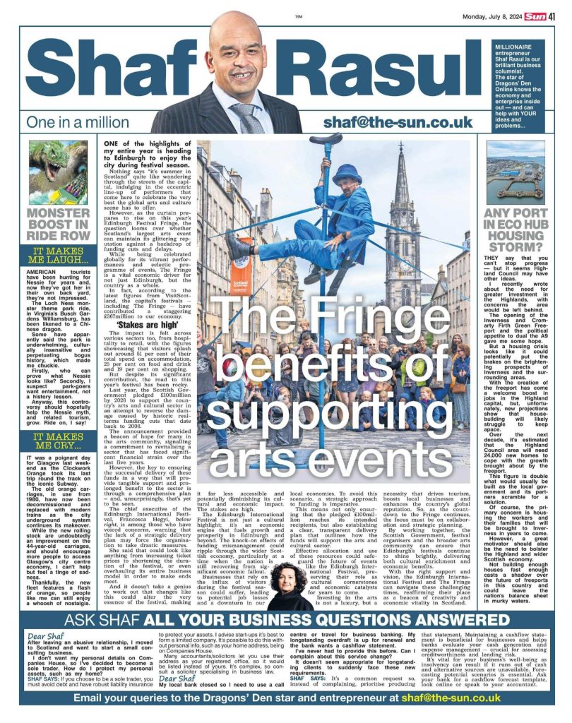 Full-page column layout featuring commentary on Edinburgh’s arts funding, Highland housing pressures, Nessie tourism humour, and Glasgow Subway nostalgia.