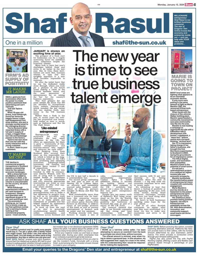 Full-page newspaper layout featuring business commentary on Scottish startups, a local entrepreneur’s regeneration work, commercial property concerns, and a crisps campaign gone viral
