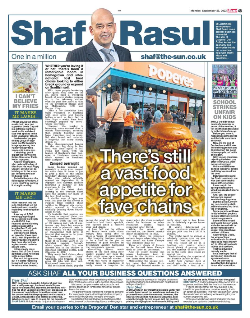 A full newspaper layout covering Scotland’s fast-food franchise surge, upcoming school strikes, a humorous chippy tale featuring Lewis Capaldi, and concerns over Gen Z in the job market.