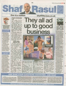 A full-page newspaper scan featuring Shaf Rasul’s column on Irn-Bru’s edgy advertising campaigns, plus stories on the gender pay gap, Scottish unemployment, and the KFC chicken shortage.