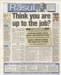 A newspaper scan featuring Shaf Rasul’s column titled “Think You Are Up to the Job?” with sections on youth unemployment, opportunities for apprenticeships, and inspiring stories of young entrepreneurs.