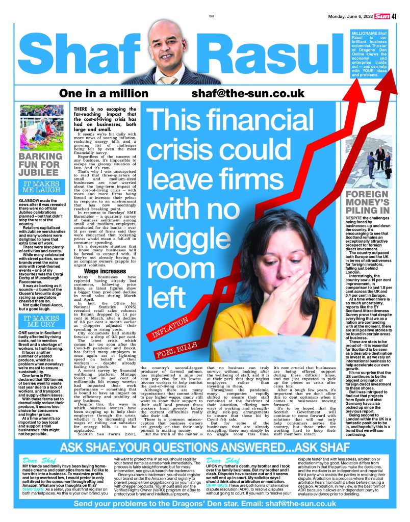 Full-page column featuring Shaf Rasul’s commentary on the cost-of-living crisis impact on SMEs, foreign investment trends, Jubilee celebrations, and a crisis in Scottish fruit farming.