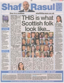 Scan of Shaf Rasul’s column on challenging prejudice in Scotland.