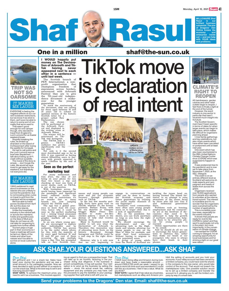 Full-page layout of Shaf Rasul’s column with the lead story on TikTok's cultural role, side article on COP26 event excitement, and humor and reflection in the laugh and weep sections.