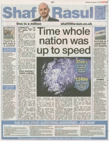 A full-page newspaper scan featuring Shaf Rasul’s column on Scotland’s broadband challenges, plus stories on Toys ‘R’ Us store closures, a newspaper front-page blunder, and declining youth employment.