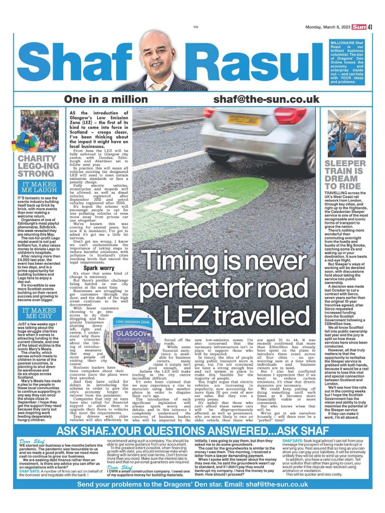 Full-page newspaper layout featuring commentary on Glasgow’s Low Emission Zone, the Caledonian Sleeper, a LEGO charity event, and a closure notice for Mary’s Meals charity shops.