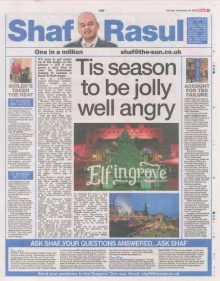 A newspaper column layout featuring the headline “Tis Season to be Jolly Well Angry,” with sections on Elfingrove’s backlash, Ted Baker’s financial troubles, and reflections on accountability in business.