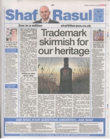 A newspaper column layout featuring the headline “Trademark skirmish for our heritage,” with sections on whisky industry disputes, the music industry’s economic contribution, social media slip-ups from ScotRail, and a humorous nod to Lewis Capaldi’s latest antics.