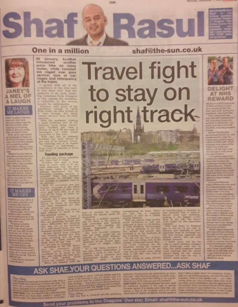 Full-page newspaper layout including a column on changes in Scottish transport trends, a sidebar on NHS bonuses, and light/dark sections on viral comedy and retail job losses.