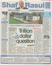 A full-page newspaper scan featuring Shaf Rasul’s column on the trillion-dollar race among tech giants, plus stories on Aberdeen stadium approval, Bonnymuir Community Trust, and the IKEA founder’s passing.