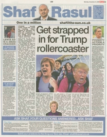 A newspaper scan featuring Shaf Rasul’s column titled “Get strapped in for Trump rollercoaster,” discussing the economic implications of Donald Trump’s presidency on Scotland.