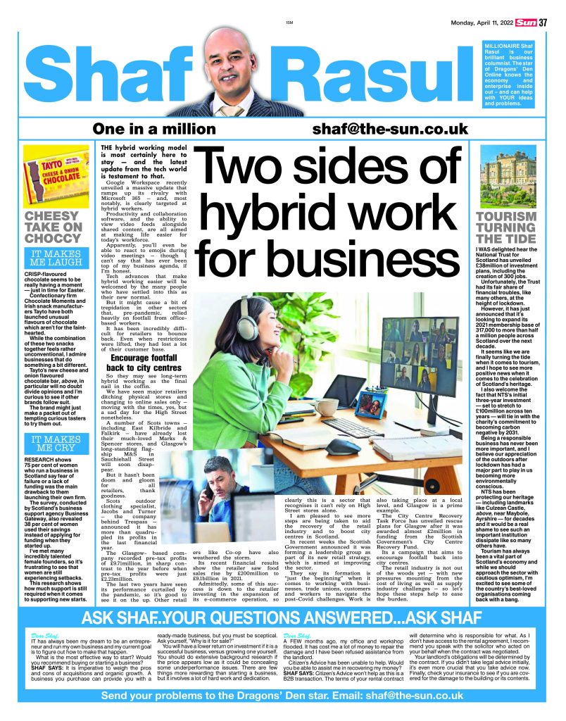 Full-page scan of Shaf Rasul’s column in The Scottish Sun covering hybrid working, retail shifts, Scottish tourism investment, novelty Easter chocolate, and female founder funding gaps.