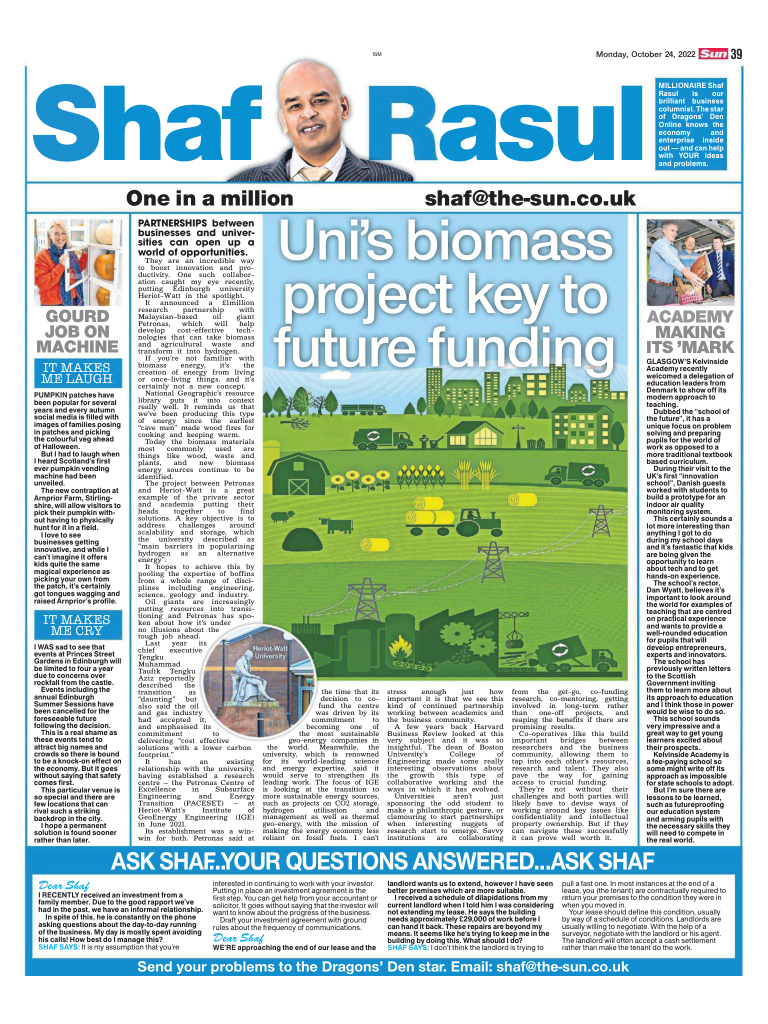 Full-page layout of Shaf Rasul’s Scottish Sun column, covering Heriot-Watt's biomass project, a hands-on innovation school, Scotland’s first pumpkin vending machine, and reduced events at Princes Street Gardens.