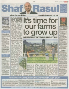 Scan of Shaf Rasul’s Scottish Sun column on vertical farming and agriculture innovation in Scotland.