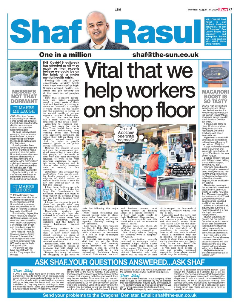 Newspaper column discussing retail worker mental health, COVID charity efforts, and Scotland’s economic impact stories