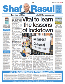 A full-page newspaper scan featuring Shaf Rasul’s column discussing Scotland’s education plans post-lockdown, Dundee’s Eden Project plans, BrewDog’s marketing stunt, and challenges faced by hairdressers and barbers.