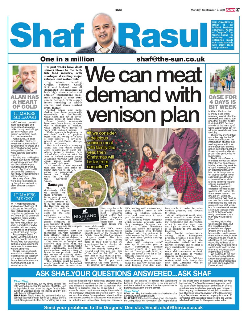 Full-page layout of Shaf Rasul’s newspaper column discussing venison supply strategy, a national poll on four-day working weeks, a touching gold-ring love story, and local restaurant losses during Fringe.