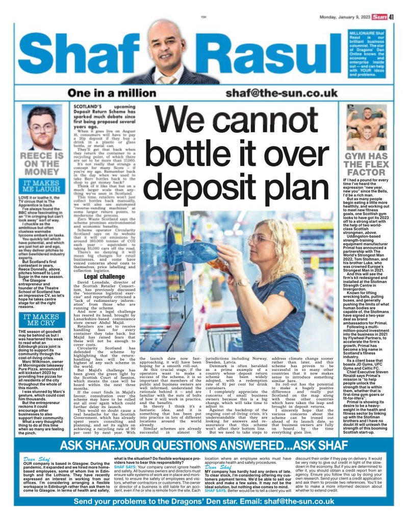 Full-page newspaper layout of Shaf Rasul’s column featuring Scotland’s Deposit Return Scheme, a gym partnership with strongman stars, laughs from The Apprentice, and a free pizza giveaway in Edinburgh.