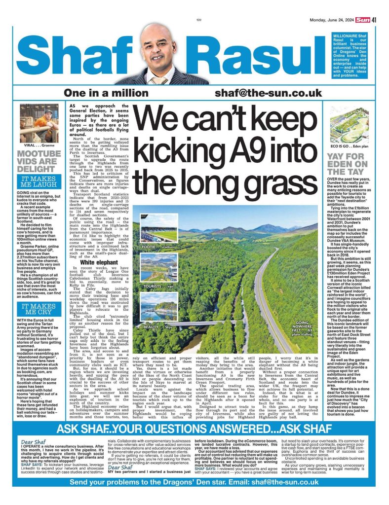 Full-page layout of Shaf Rasul’s column with main article on A9 dualling delays, a side feature on Dundee’s Eden Project, and laugh/weep reflections.