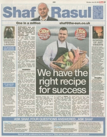 Newspaper scan featuring Shaf Rasul’s column on Scotland’s food and drink sector, entrepreneurship support, challenges for the GSA, World Cup predictions, and alcohol-related deaths.