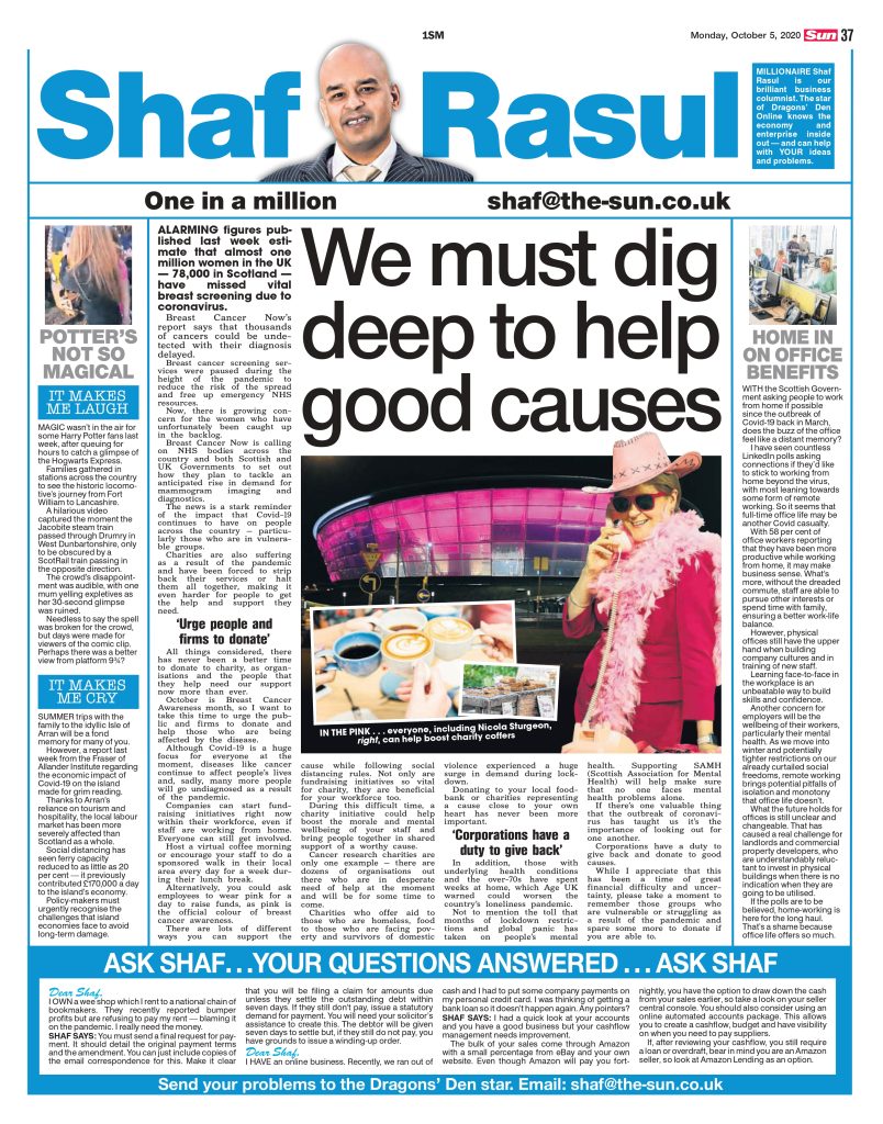 A newspaper column layout featuring content on breast cancer screening delays, remote working shifts, a blocked Hogwarts train sighting, and Arran’s tourism struggles.