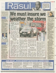 A newspaper scan featuring Shaf Rasul’s column titled “We Must Insure We Weather the Storm” with sections on snow disruption, economic losses, and calls for government action.
