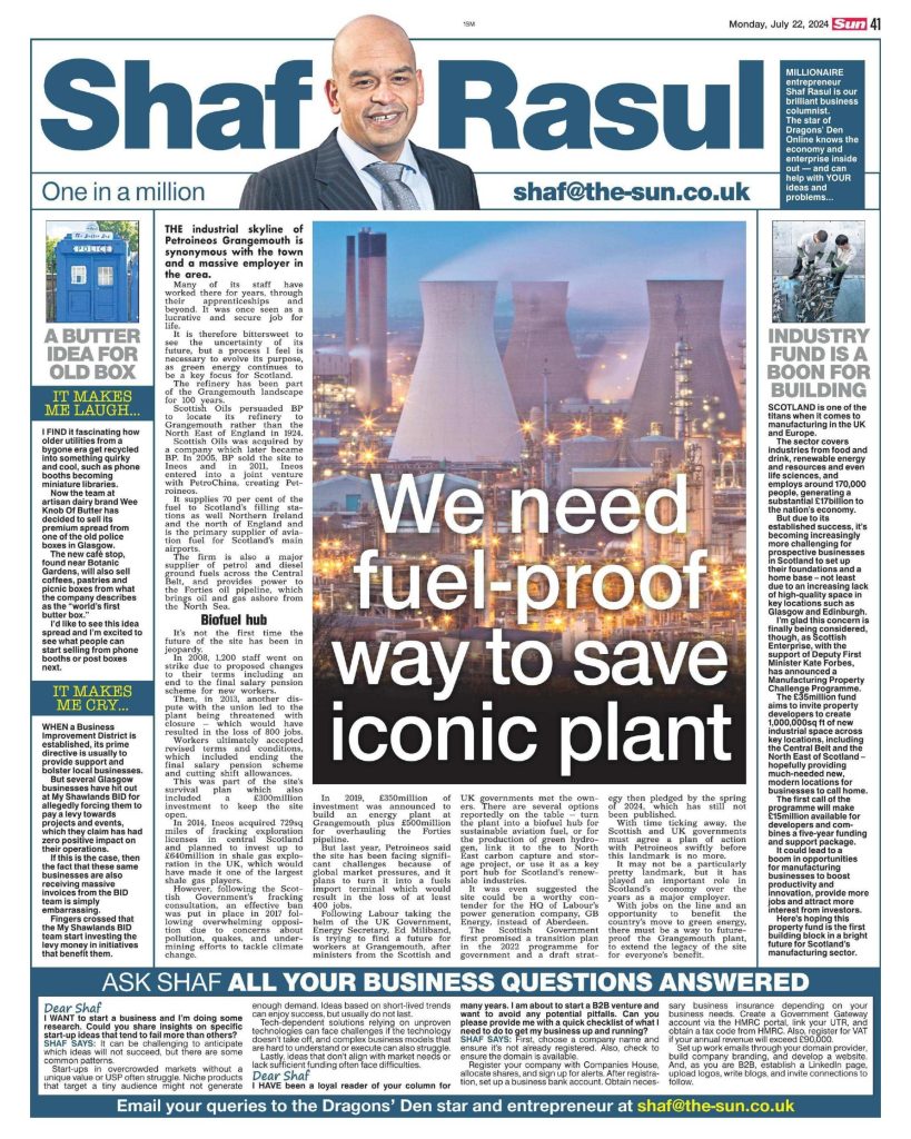 Full-page layout featuring Shaf Rasul’s main article on Grangemouth’s future, a side piece on Scotland’s industrial property funding, and light/hard commentary sections.
