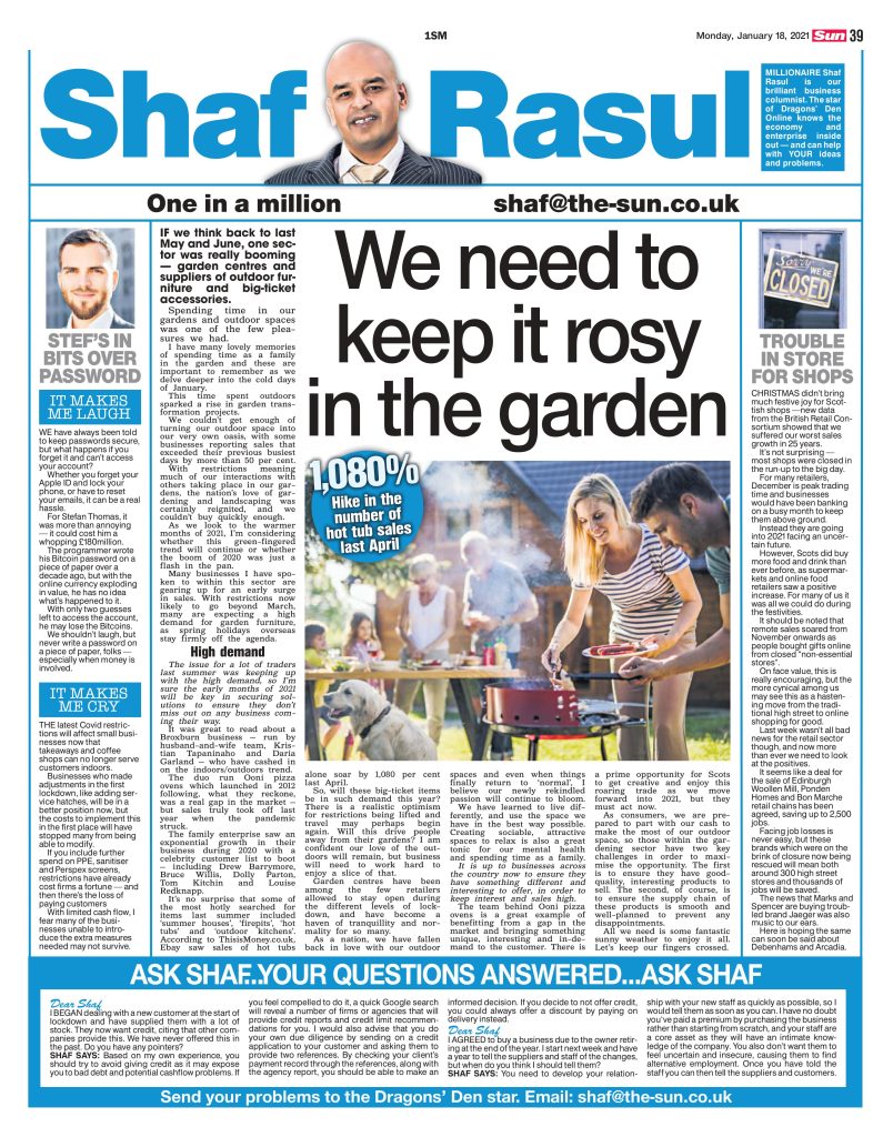 Newspaper column covering the post-lockdown outdoor living boom, retail industry challenges over Christmas, a tech-based Bitcoin blunder, and takeaway business struggles under new restrictions.
