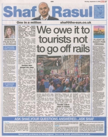 A newspaper column layout featuring the headline “We owe tourists not to go off the rails,” with sections on rail disruption during the Edinburgh Festival Fringe, a new EasyJet route to Verona, a humorous piece on horror movie comfort kits, and a serious reflection on Marks & Spencer’s relegation from the FTSE 100.