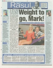 A newspaper page with the headline “Weight to go, Mark!” featuring a photo of Mark Gilmour with his weight bench, plus text about his invention and related opportunities.