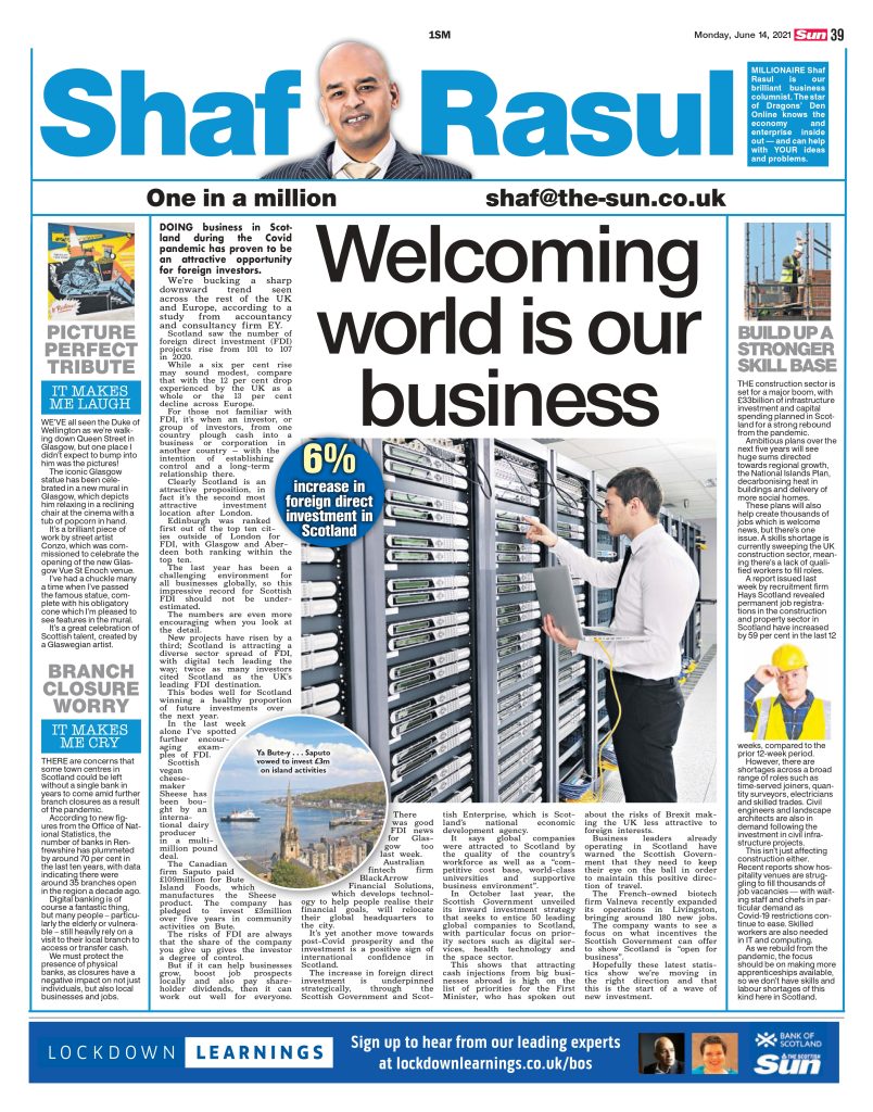 Full-page newspaper column with text and images discussing Scotland’s inward investment success, job creation, sector-specific skills shortages, Glasgow mural humour, and concern over bank closures.