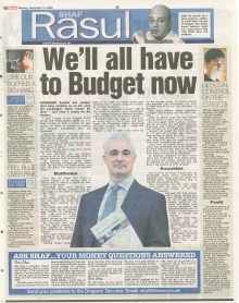 A newspaper scan featuring Shaf Rasul’s column titled “We'll All Have to Budget Now” with sections on UK recession, tax hikes, public sector cuts, and banking regulation.
