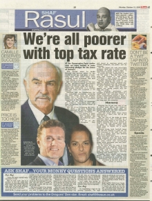 Scan of a newspaper column layout featuring Shaf Rasul’s article on the 50 per cent top tax rate, with sidebar, photographs, and supporting text.