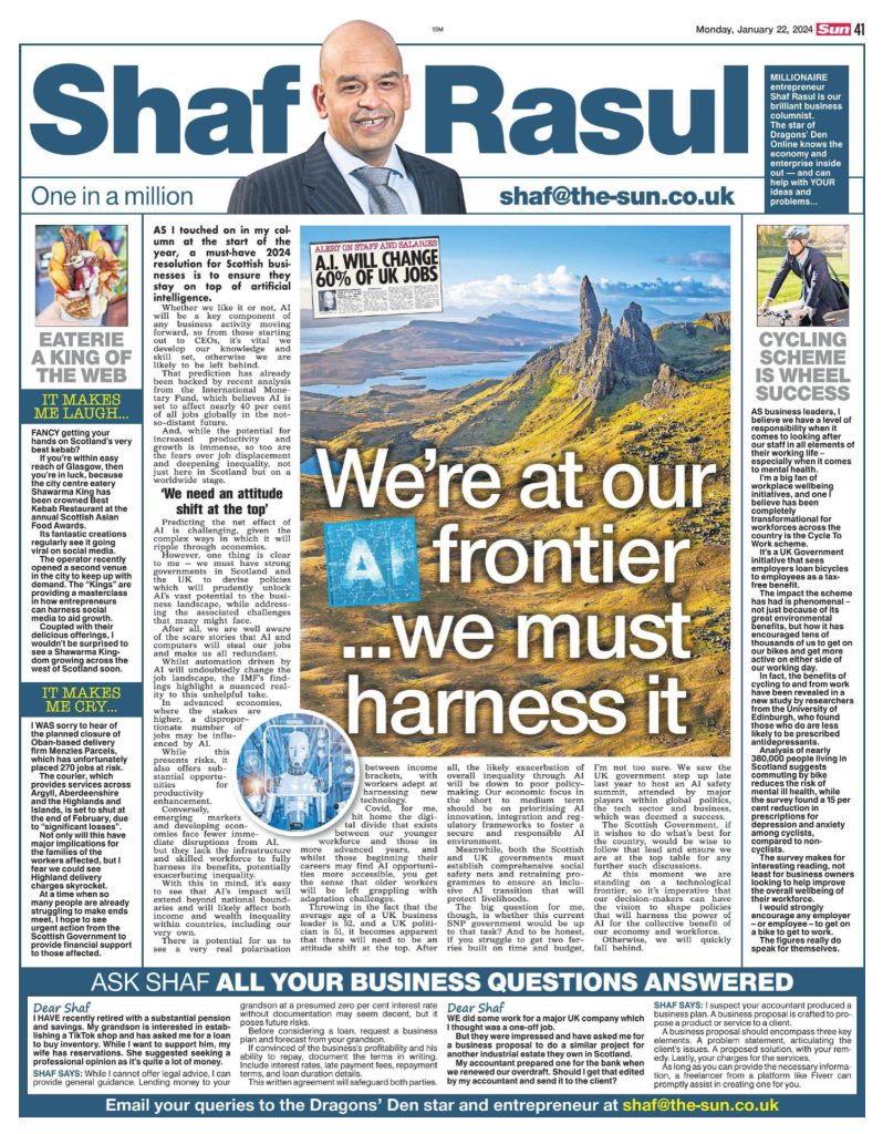 Full-page layout featuring a lead article on AI’s future in Scottish business, with segments on cycling and wellbeing, social media-driven food success, and job risk in the Highlands