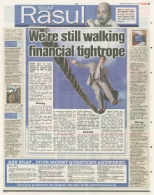 A newspaper scan featuring Shaf Rasul’s column titled “We’re Still Walking a Financial Tightrope” with sections on the Scottish economy, recession recovery, and the risks of overspending.