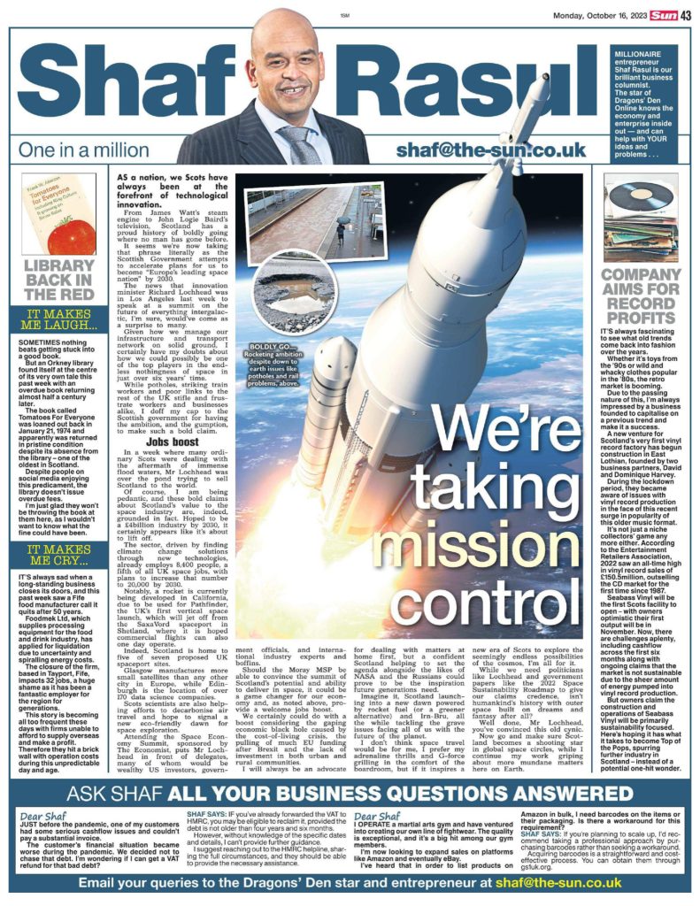 Full newspaper page layout with a lead on Scotland’s space ambitions, commentary on vinyl industry revival, a whimsical story from Orkney Library, and the closure of a Fife manufacturing firm.