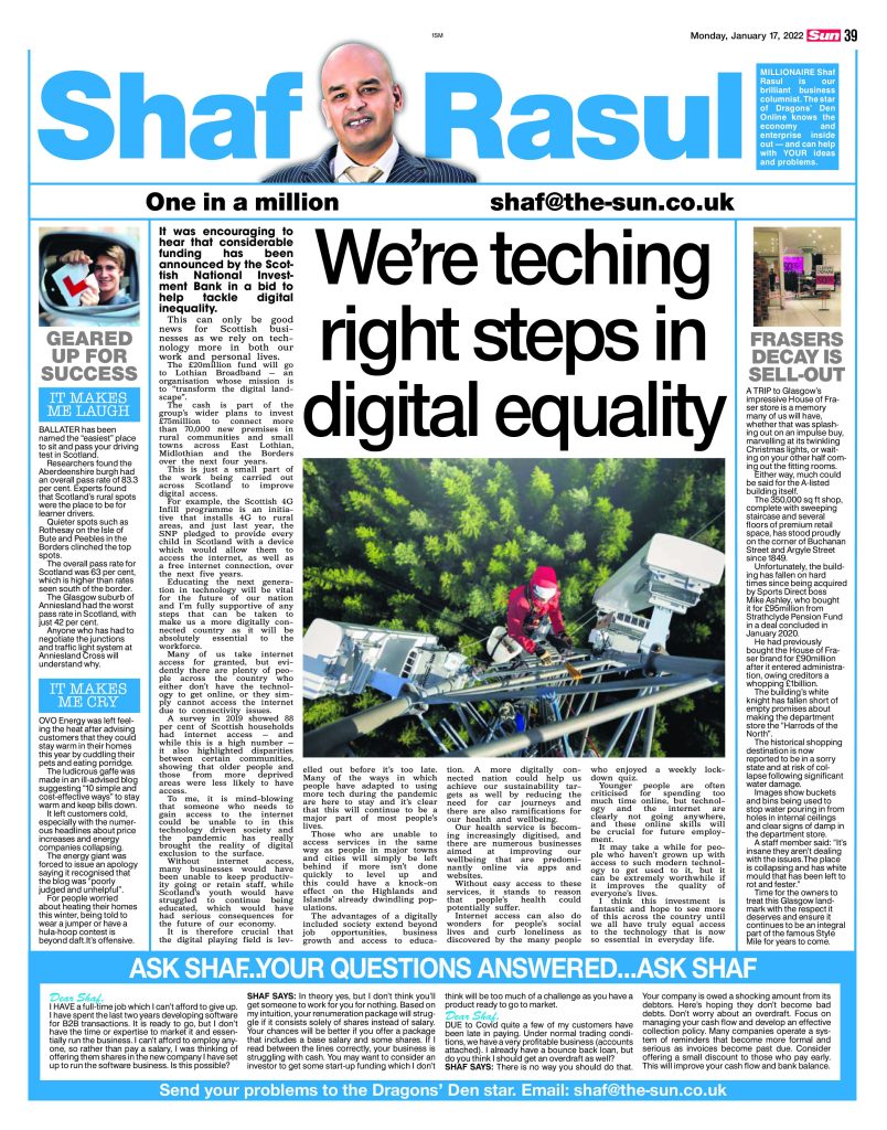 Full-page column featuring commentary on digital equality funding, retail decay in Glasgow, learner driving pass rates, and energy company missteps.
