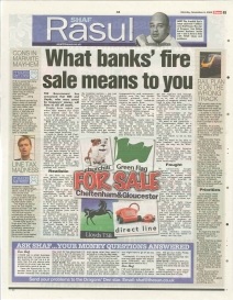 Scan of a newspaper column layout featuring Shaf Rasul’s article on the sell-off of RBS and Lloyds assets, and its impact on banking customers and financial regulation.