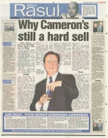 A newspaper scan featuring Shaf Rasul’s column titled “Why Cameron’s Still a Hard Sell” with sections on the Conservative Party’s history in Scotland, recent election polling, and the legacy of Thatcherism.