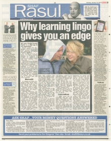 A newspaper scan featuring Shaf Rasul’s column titled “Why Learning the Lingo Gives You an Edge” with sections on Scottish education, the value of multilingual skills, and opportunities in the global market.